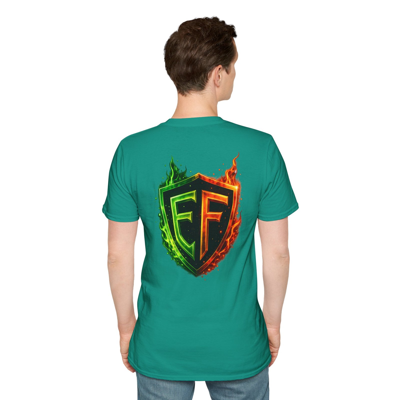 echoflame shield logo t‑shirt — flaming green & orange ef crest echoflame shield logo t‑shirt — flaming green & orange ef crest