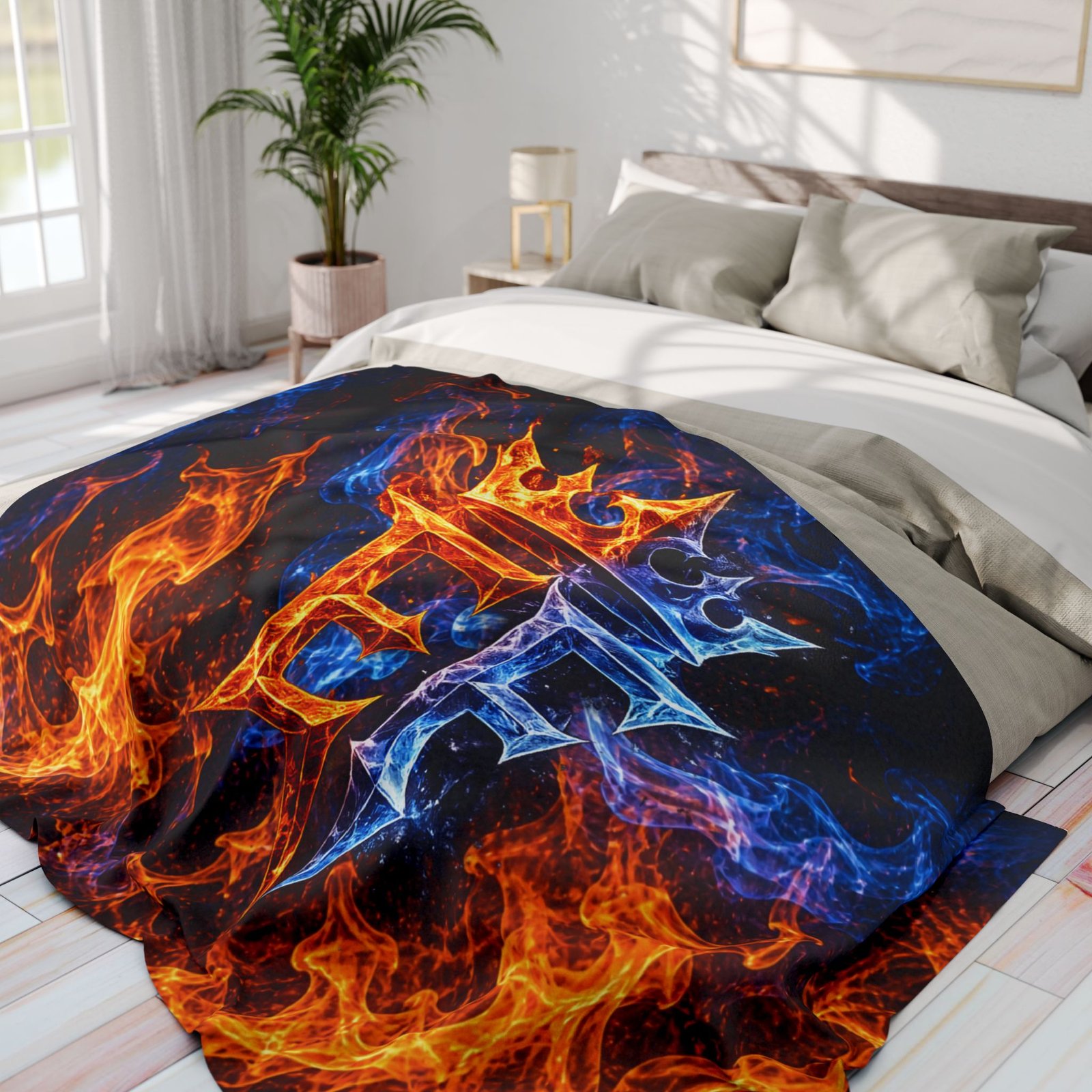 echoflame fire & ice crown fleece blanket — arctic fleece with 'ef' flame design echoflame fire & ice crown fleece blanket — arctic fleece with 'ef' flame design