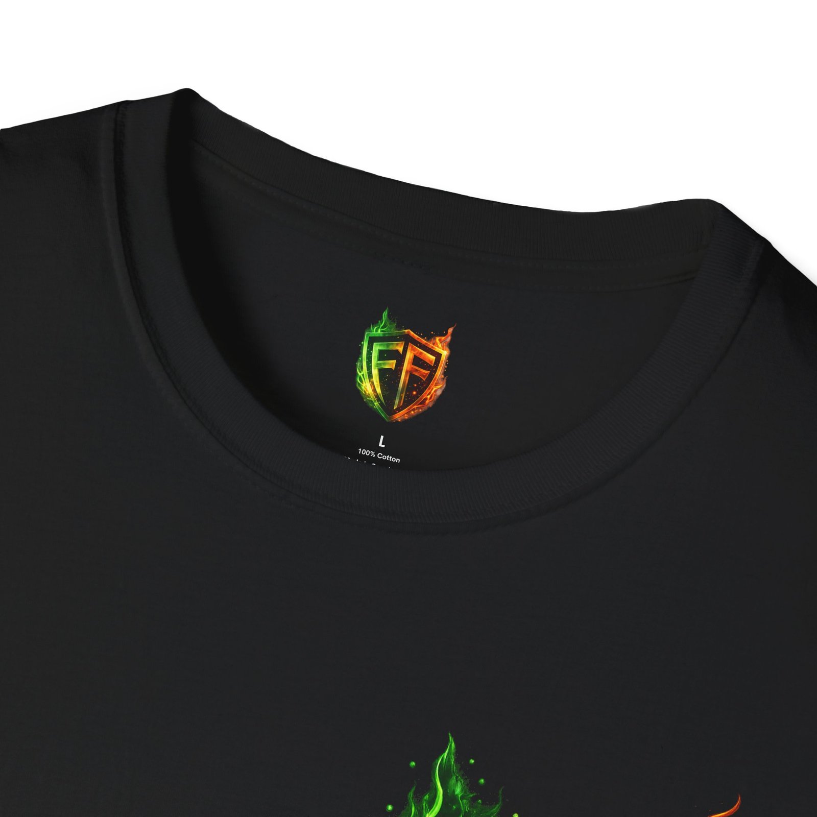 echoflame shield logo t‑shirt — flaming green & orange ef crest echoflame shield logo t‑shirt — flaming green & orange ef crest