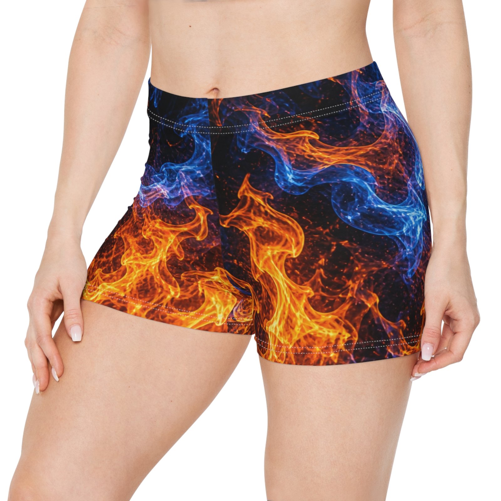 echoflame flame fusion women's shorts — blue & orange fire print aop echoflame flame fusion women's shorts — blue & orange fire print aop