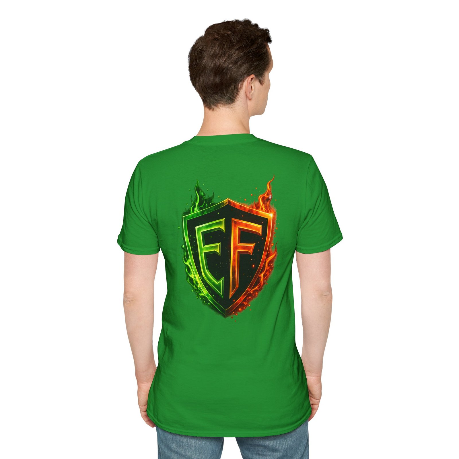 echoflame shield logo t‑shirt — flaming green & orange ef crest echoflame shield logo t‑shirt — flaming green & orange ef crest
