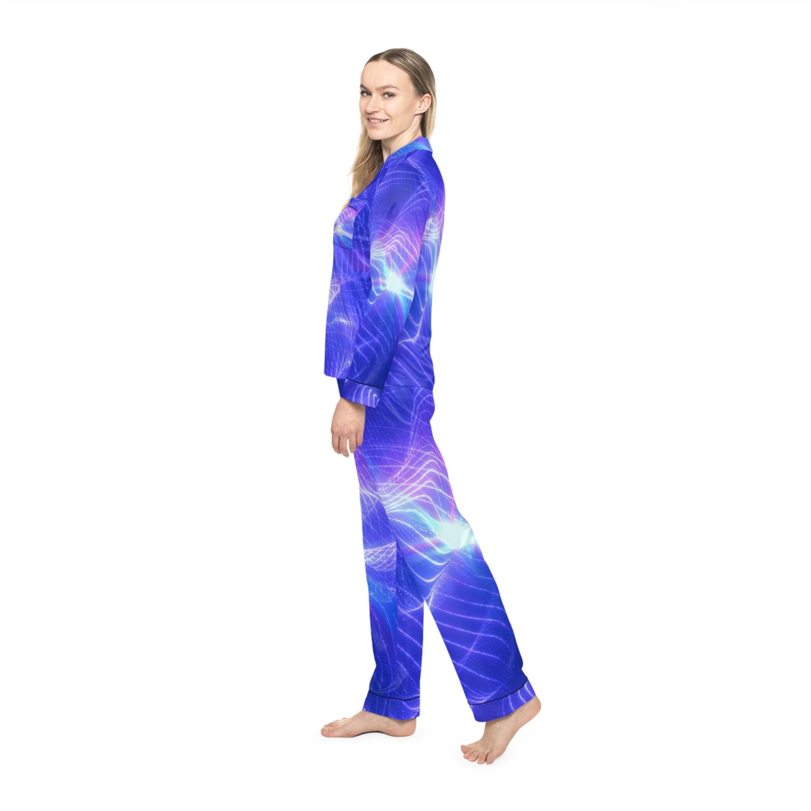 echoflame women's satin pajama set — purple blue galaxy wave print loungewear echoflame women's satin pajama set — purple blue galaxy wave print loungewear