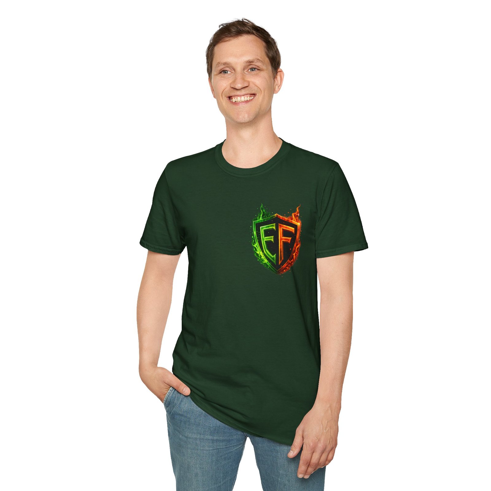 echoflame shield logo t‑shirt — flaming green & orange ef crest echoflame shield logo t‑shirt — flaming green & orange ef crest