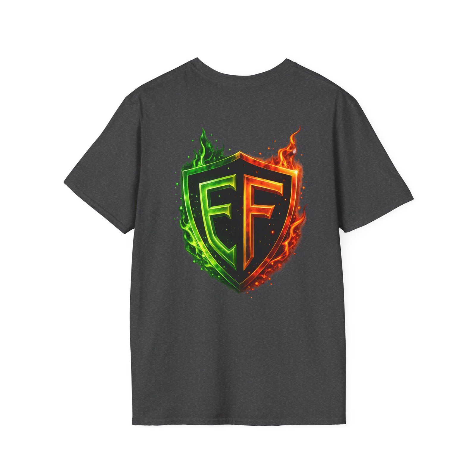 echoflame shield logo t‑shirt — flaming green & orange ef crest echoflame shield logo t‑shirt — flaming green & orange ef crest