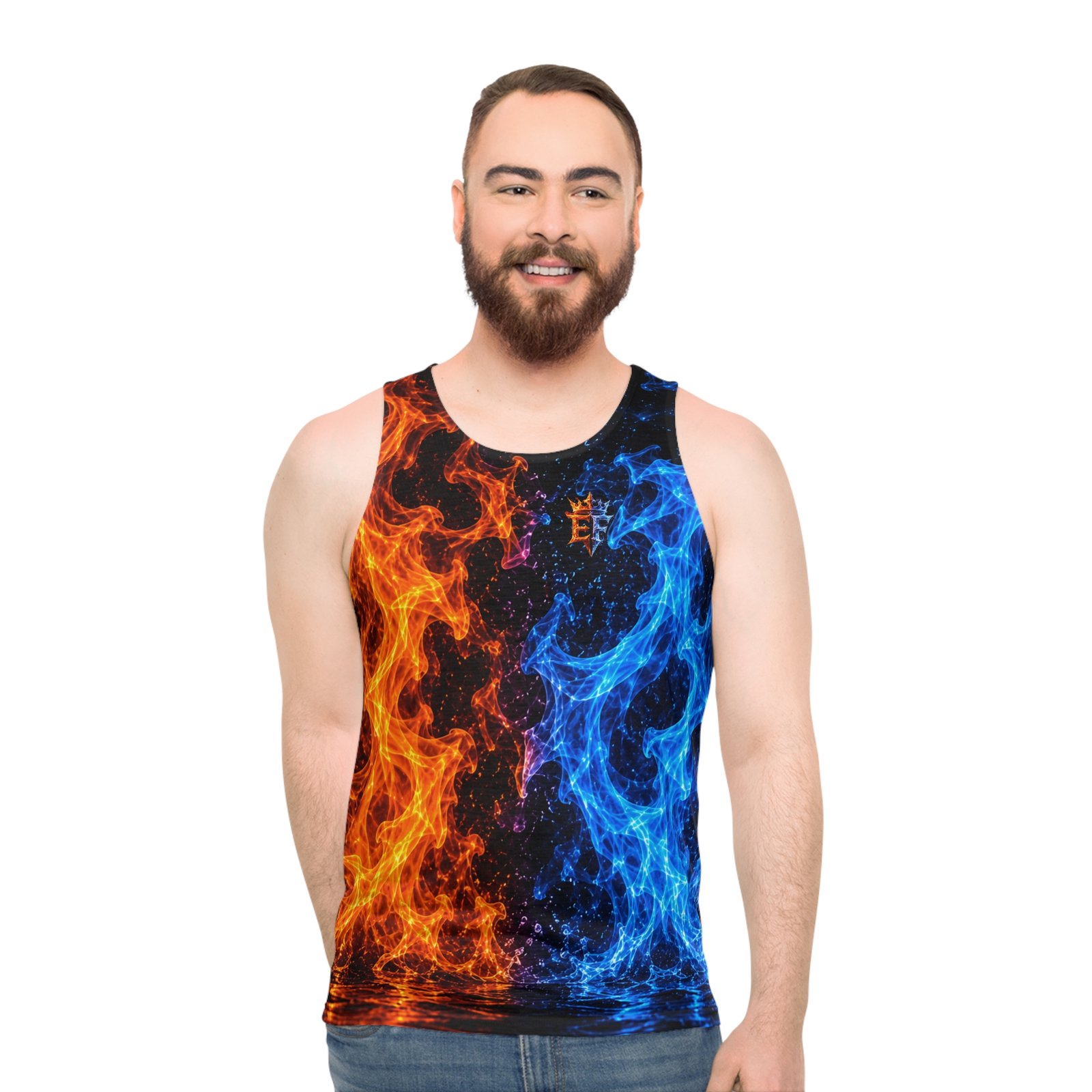 echoflame fire and ice all over print tank top — blue & orange flame graphic echoflame fire and ice all over print tank top — blue & orange flame graphic