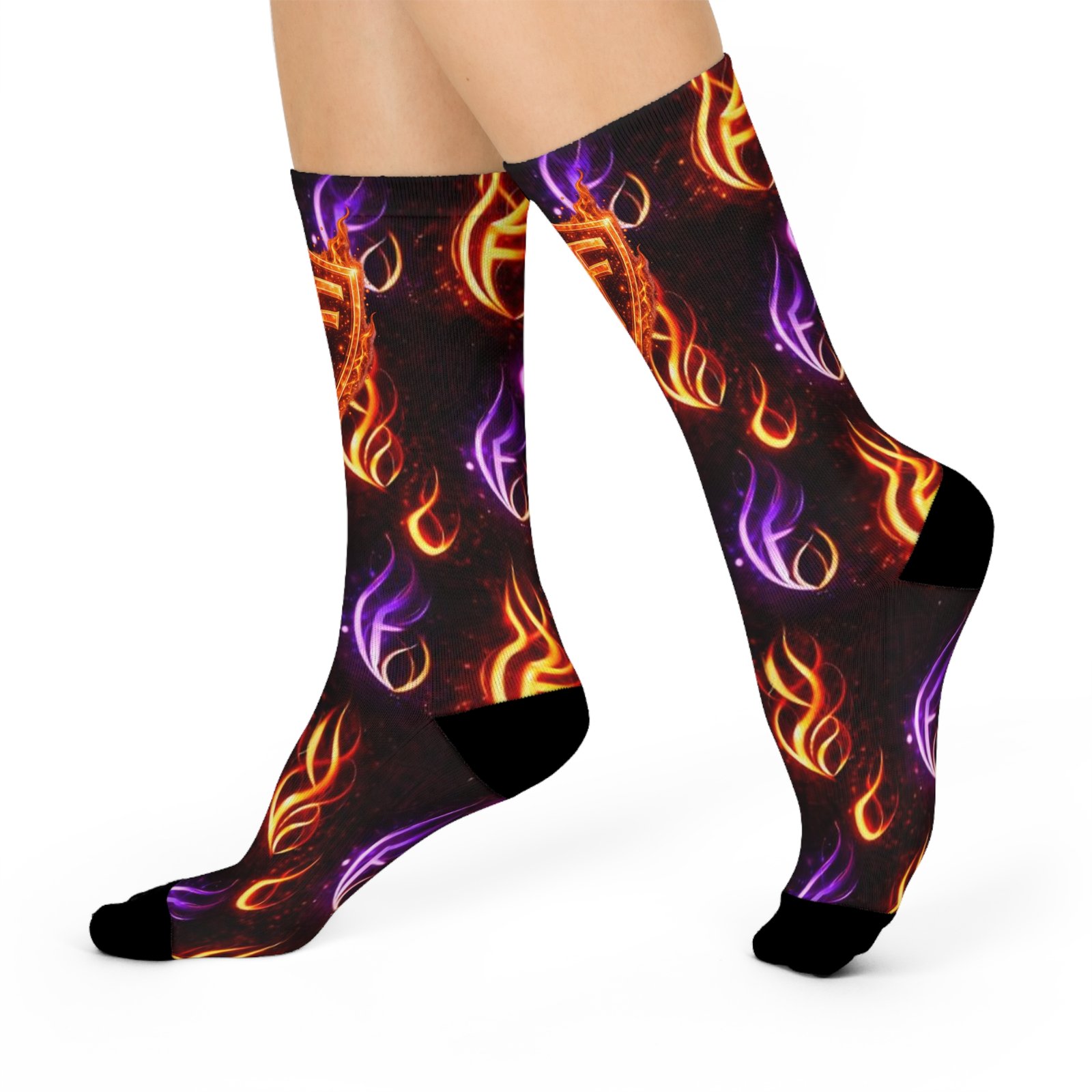 echoflame flaming emblem crew socks — colorful purple & orange fire pattern cushioned socks echoflame flaming emblem crew socks — colorful purple & orange fire pattern cushioned socks