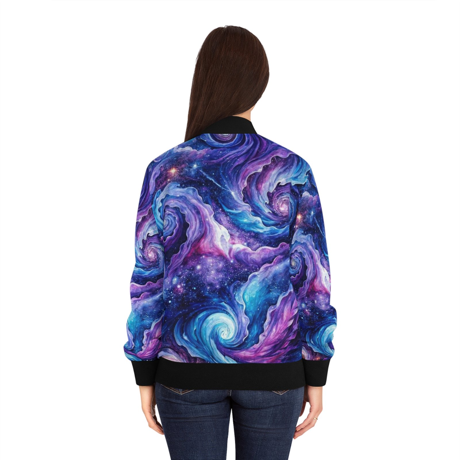 echoflame galaxy swirl bomber jacket — women's cosmic all over print echoflame galaxy swirl bomber jacket — women's cosmic all over print