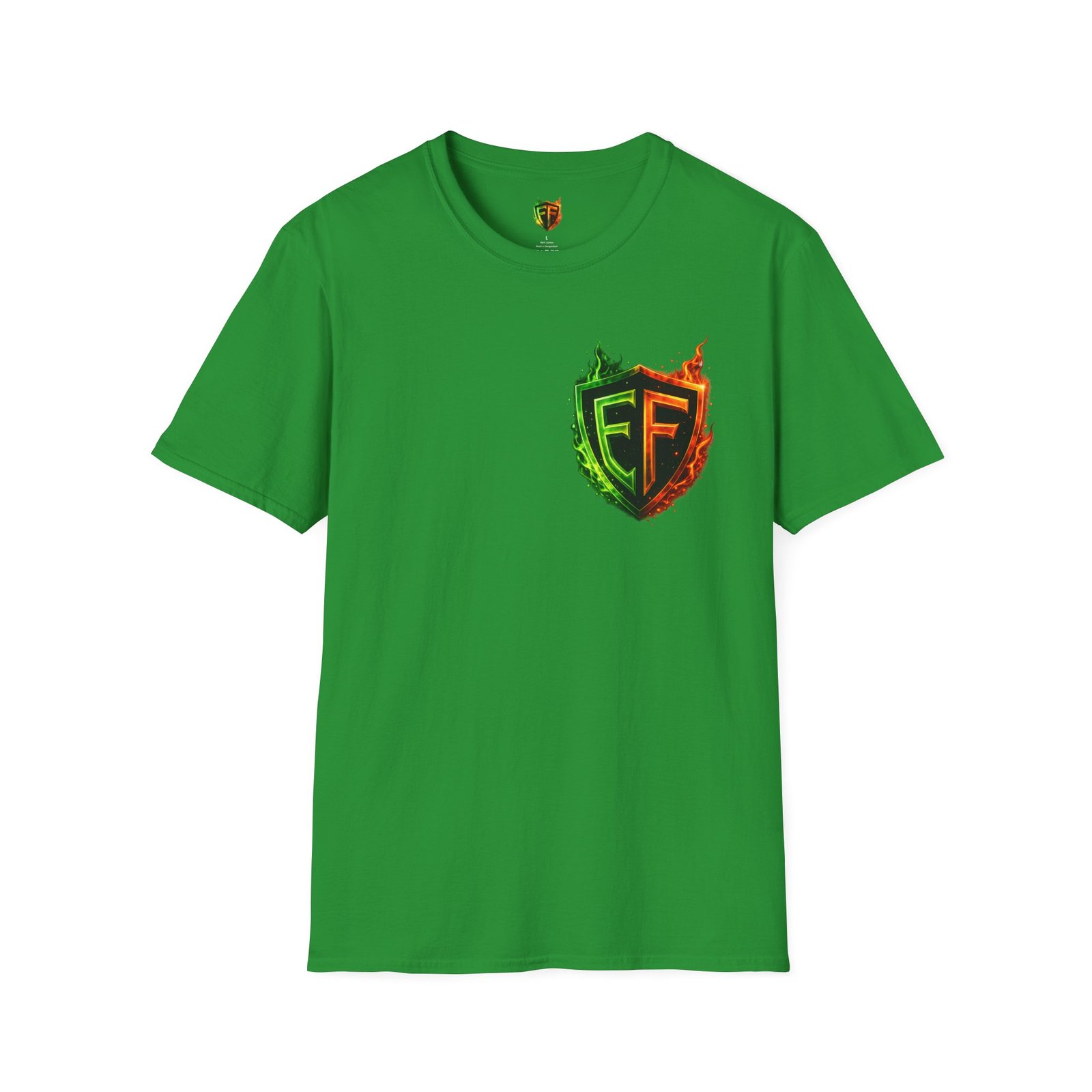 echoflame shield logo t‑shirt — flaming green & orange ef crest echoflame shield logo t‑shirt — flaming green & orange ef crest