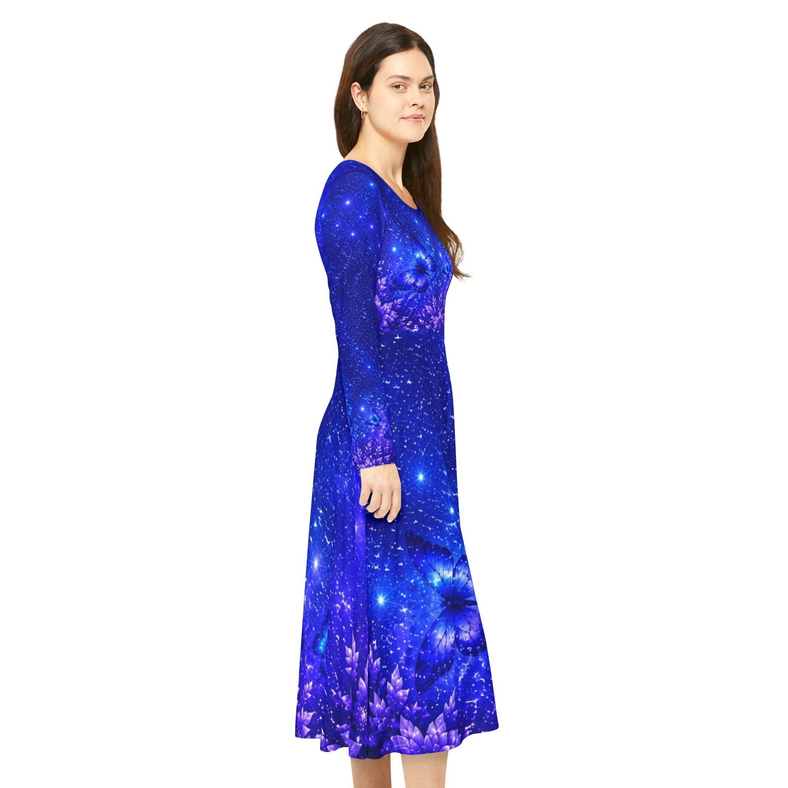 echoflame butterfly galaxy floral long sleeve dance dress — blue cosmic blossom aop echoflame butterfly galaxy floral long sleeve dance dress — blue cosmic blossom aop