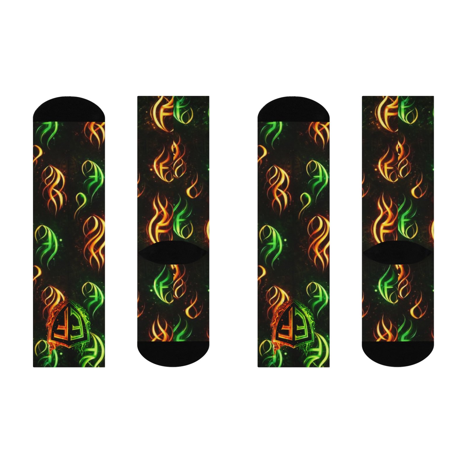 echoflame flaming shield crew socks — neon green & orange fire pattern echoflame flaming shield crew socks — neon green & orange fire pattern