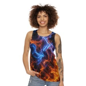 echoflame fire and ice all over print tank top — blue & orange flame graphic tank