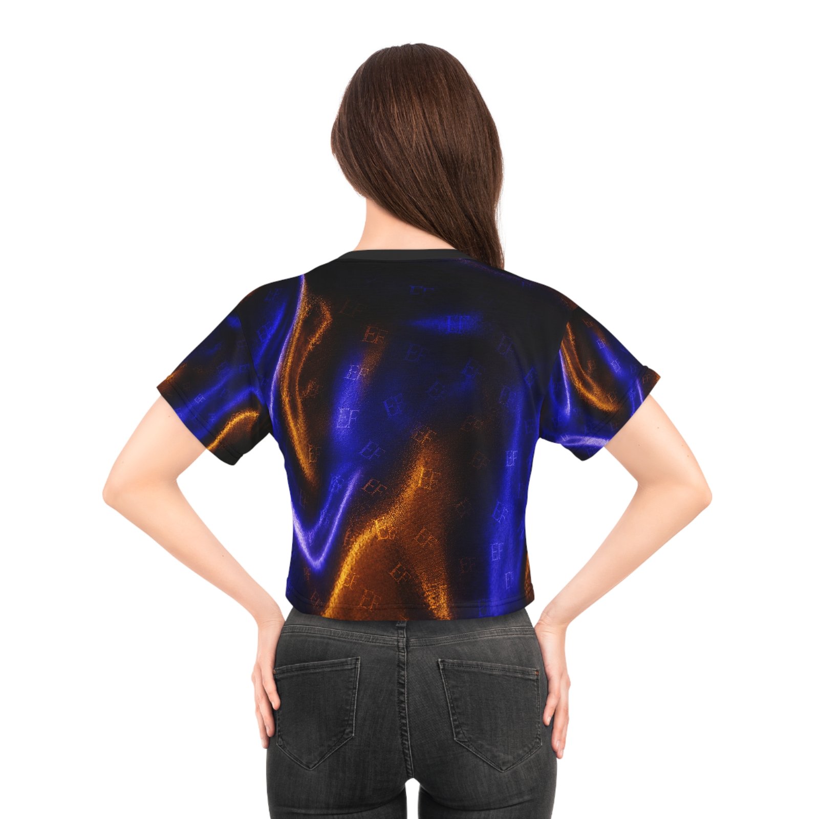 echoflame satin glow crop tee — iridescent blue & orange all over print echoflame satin glow crop tee — iridescent blue & orange all over print