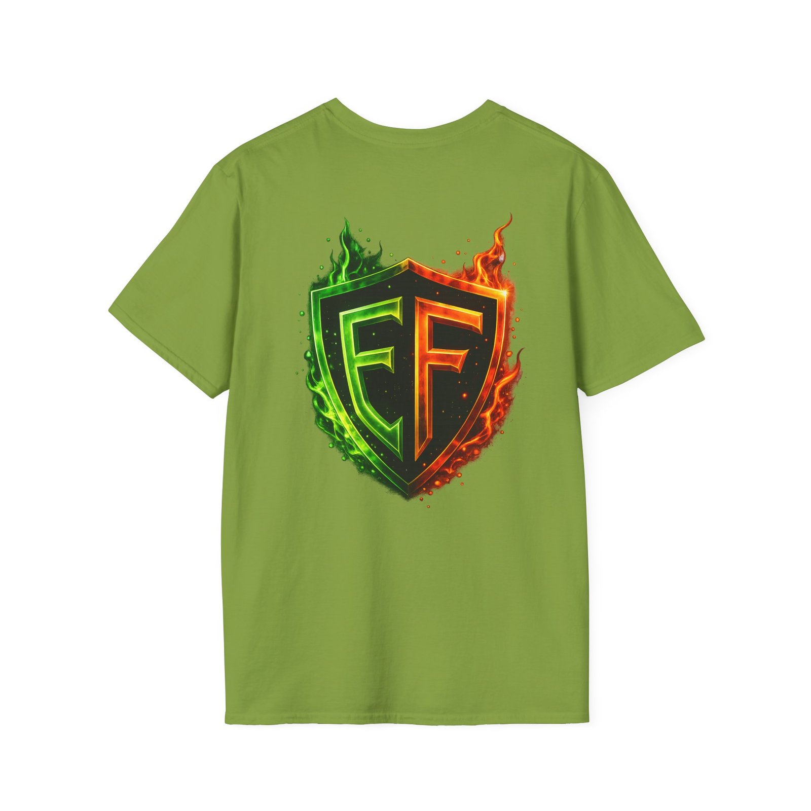 echoflame shield logo t‑shirt — flaming green & orange ef crest echoflame shield logo t‑shirt — flaming green & orange ef crest