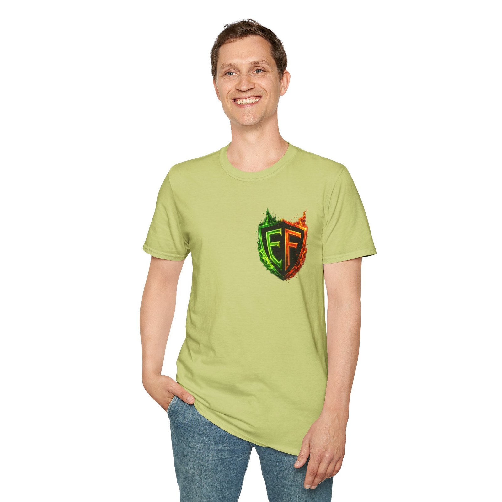 echoflame shield logo t‑shirt — flaming green & orange ef crest echoflame shield logo t‑shirt — flaming green & orange ef crest