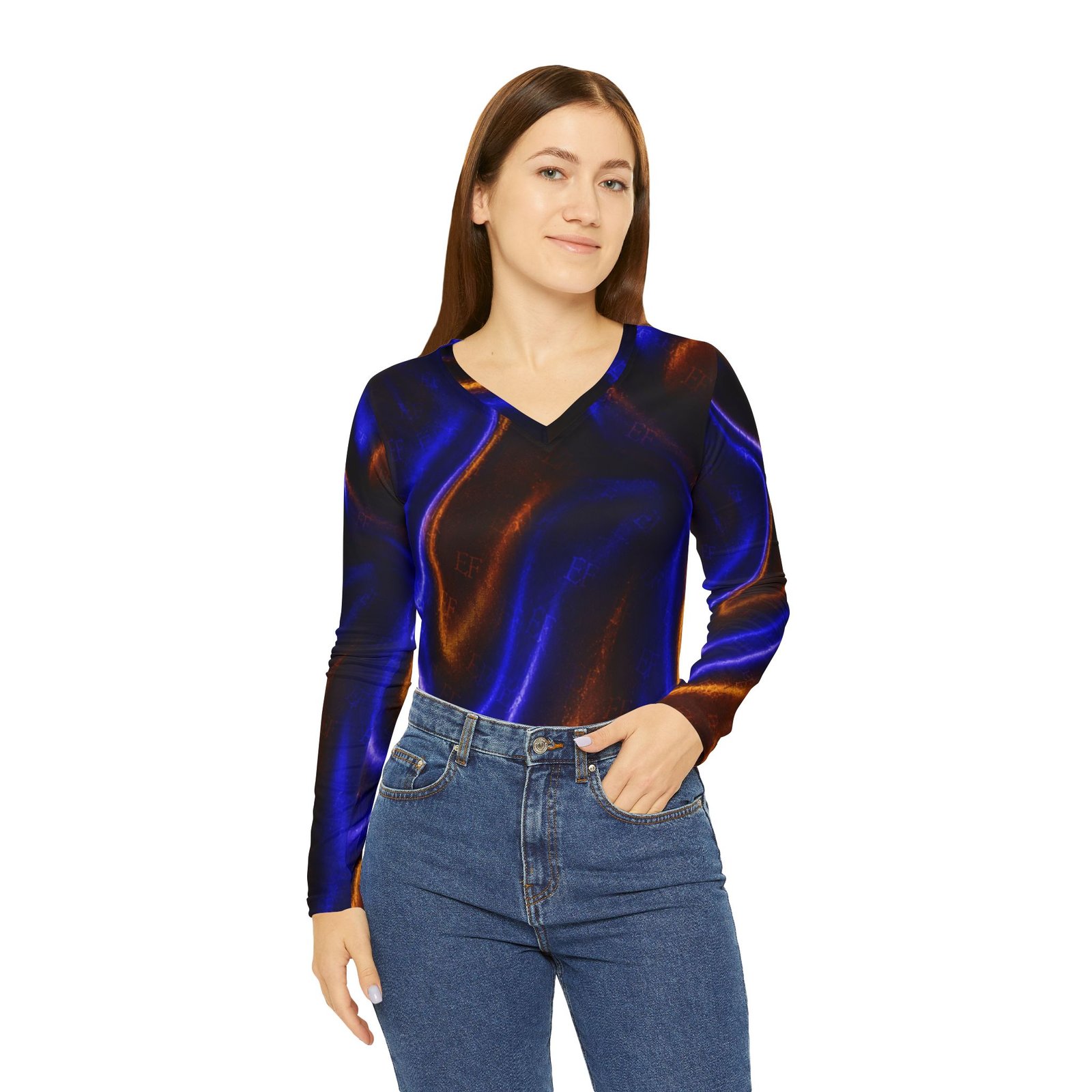 echoflame women's v neck long sleeve shirt — electric blue & copper satin wave all over print echoflame women's v neck long sleeve shirt — electric blue & copper satin wave all over print