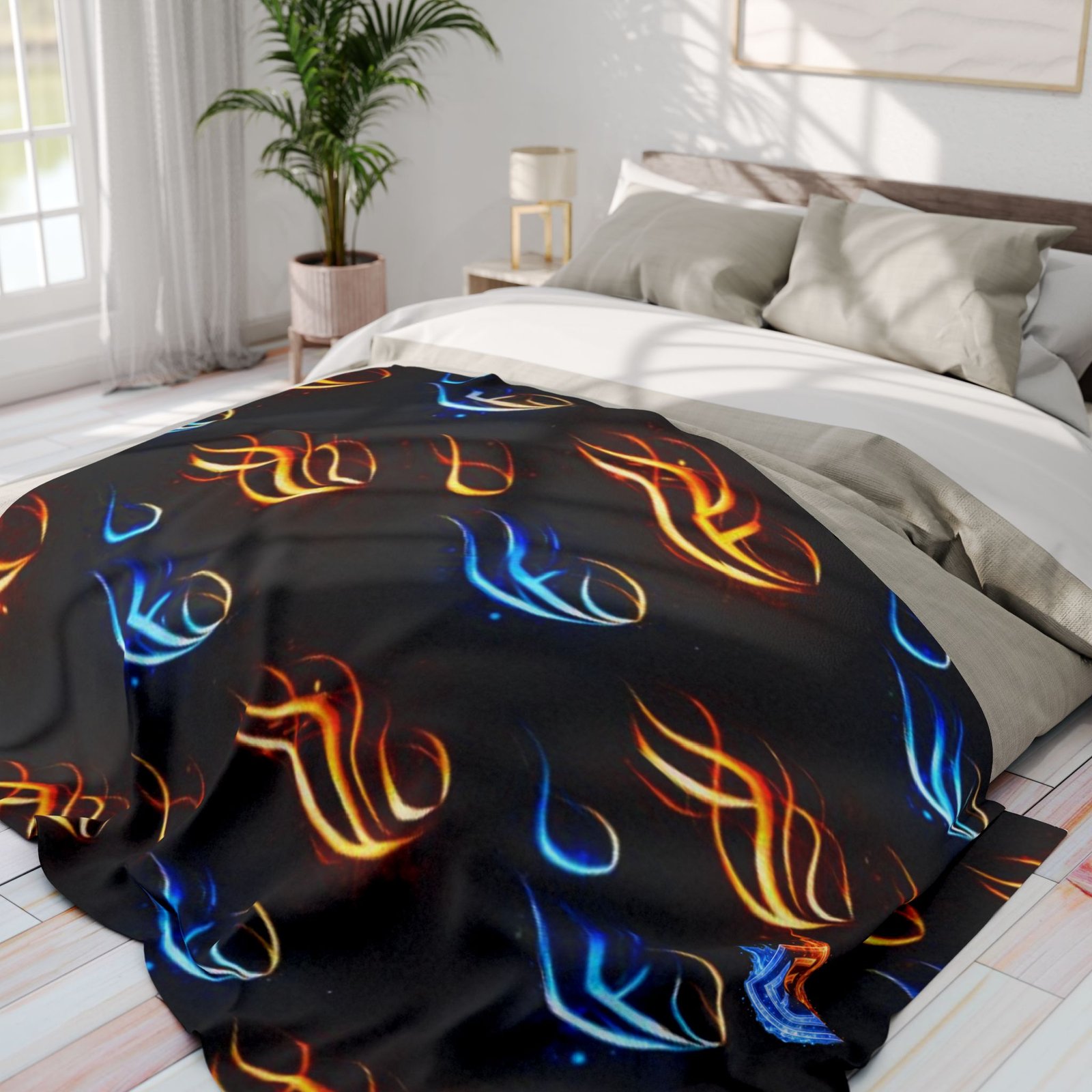 echoflame flame pattern arctic fleece blanket — blue & orange fire design cozy throw echoflame flame pattern arctic fleece blanket — blue & orange fire design cozy throw