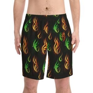 echoflame flame pattern beach shorts — neon green & orange all over print