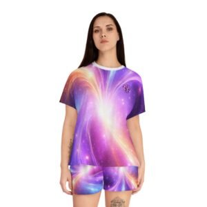 echoflame women's galaxy glow pajama set — purple cosmic short sleepwear