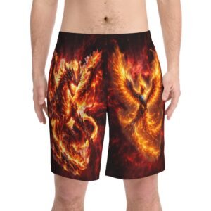 echoflame fiery dragon & phoenix swim shorts — men’s beach trunks