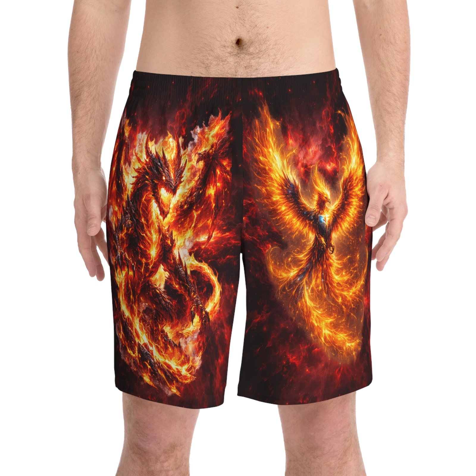 echoflame fiery dragon & phoenix swim shorts — men’s beach trunks echoflame fiery dragon & phoenix swim shorts — men’s beach trunks