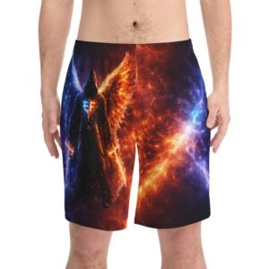 echoflame cosmic angel beach shorts — galactic phoenix wings swim trunks