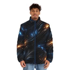 echoflame galaxy wave puffer jacket — men's space nebula all over print