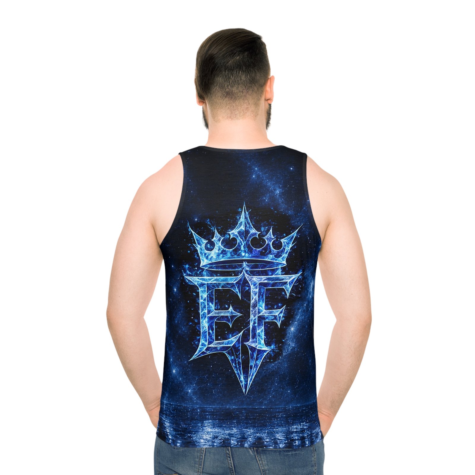 echoflame galaxy crown tank top — blue ef monogram all over print echoflame galaxy crown tank top — blue ef monogram all over print