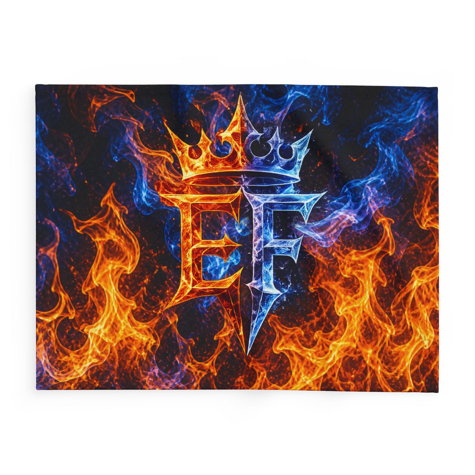 echoflame fire & ice crown fleece blanket — arctic fleece with 'ef' flame design echoflame fire & ice crown fleece blanket — arctic fleece with 'ef' flame design