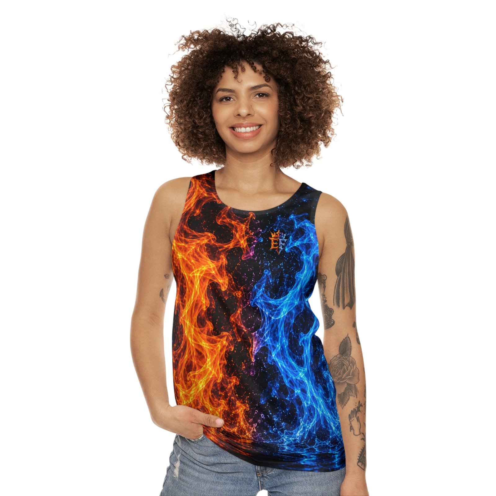 echoflame fire and ice all over print tank top — blue & orange flame graphic echoflame fire and ice all over print tank top — blue & orange flame graphic
