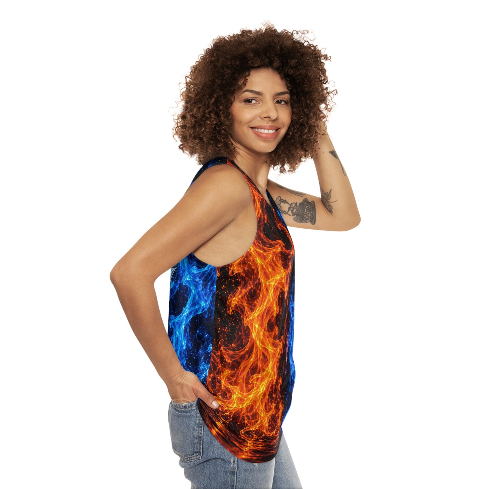 echoflame fire and ice all over print tank top — blue & orange flame graphic echoflame fire and ice all over print tank top — blue & orange flame graphic