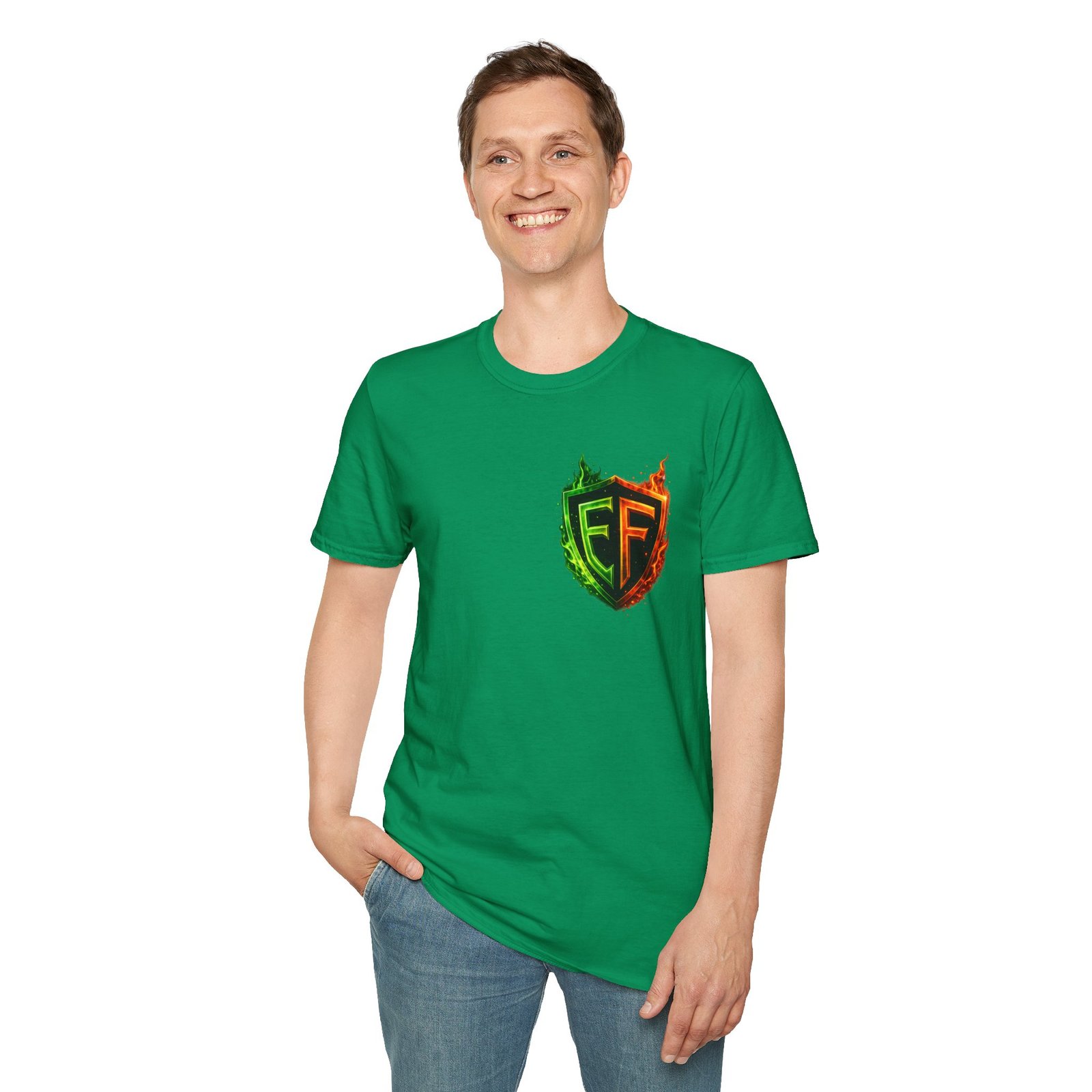 echoflame shield logo t‑shirt — flaming green & orange ef crest echoflame shield logo t‑shirt — flaming green & orange ef crest