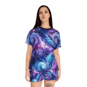 echoflame galaxy swirl women's pajama set — cosmic nightwear shorts & top