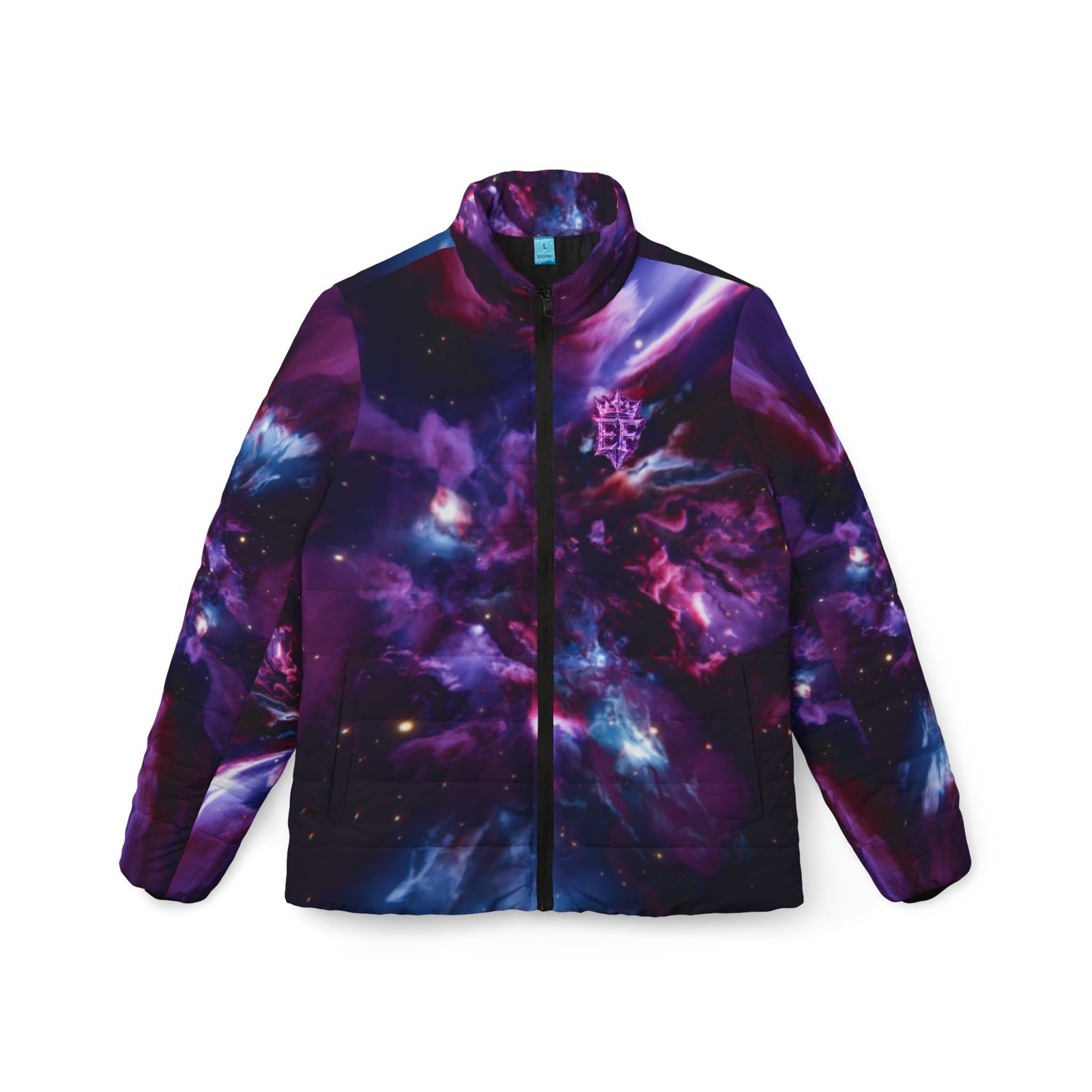 echoflame galaxy nebula women’s puffer jacket — purple space print cozy outerwear echoflame galaxy nebula women’s puffer jacket — purple space print cozy outerwear