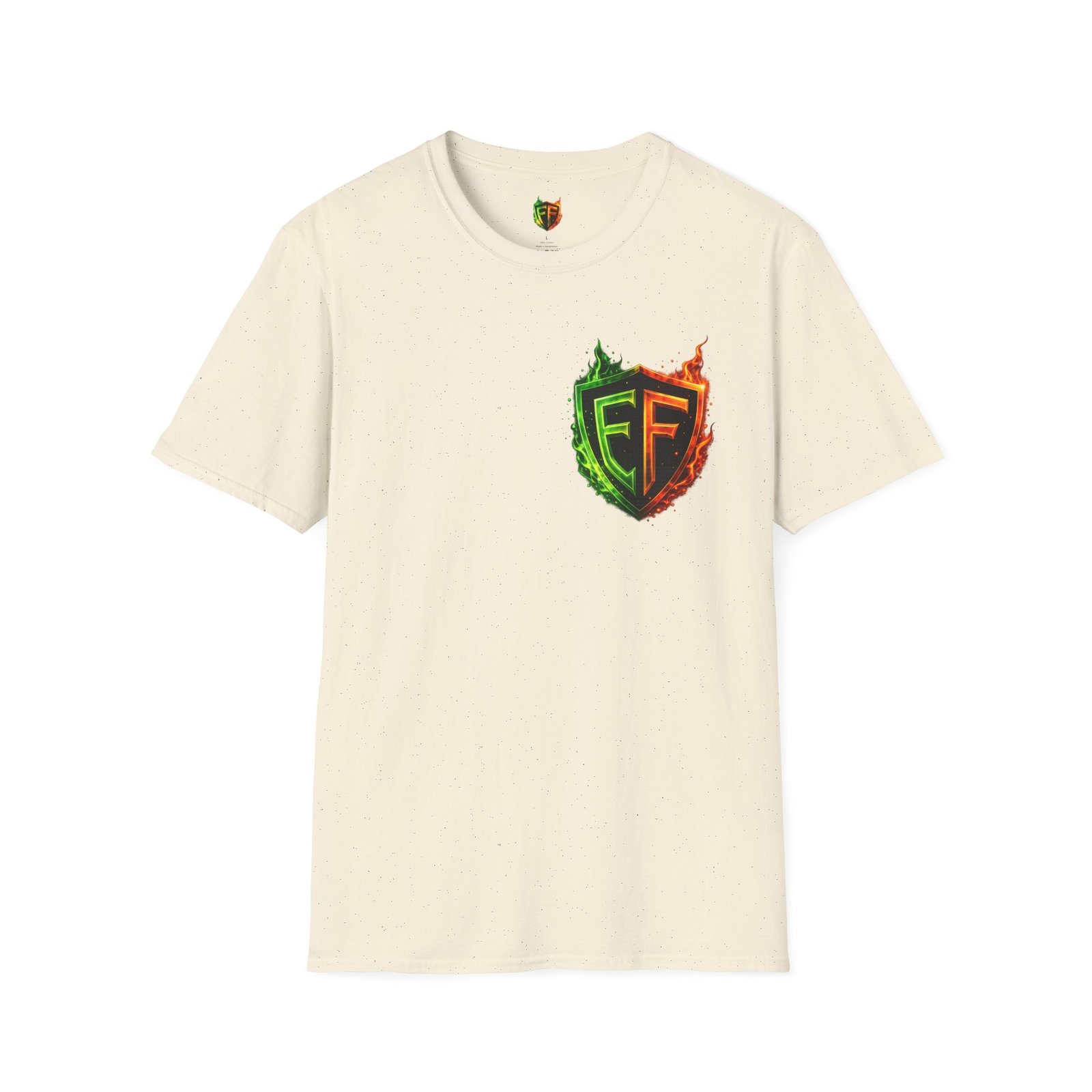 echoflame shield logo t‑shirt — flaming green & orange ef crest echoflame shield logo t‑shirt — flaming green & orange ef crest
