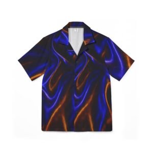 echoflame men's blue & copper satin wave hawaiian shirt — camp collar aop