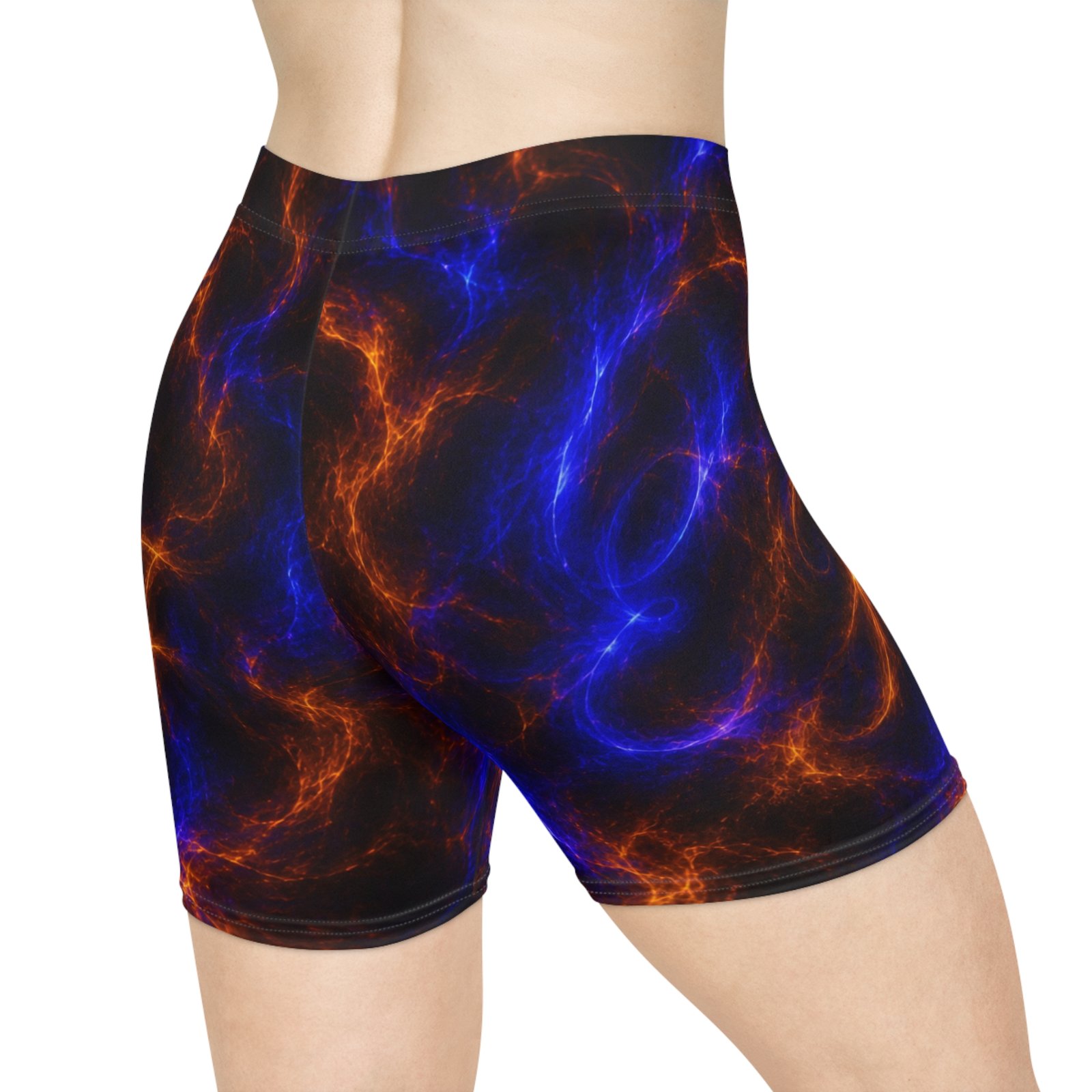 echoflame nebula flame women's biker shorts — blue & orange galaxy print activewear echoflame nebula flame women's biker shorts — blue & orange galaxy print activewear