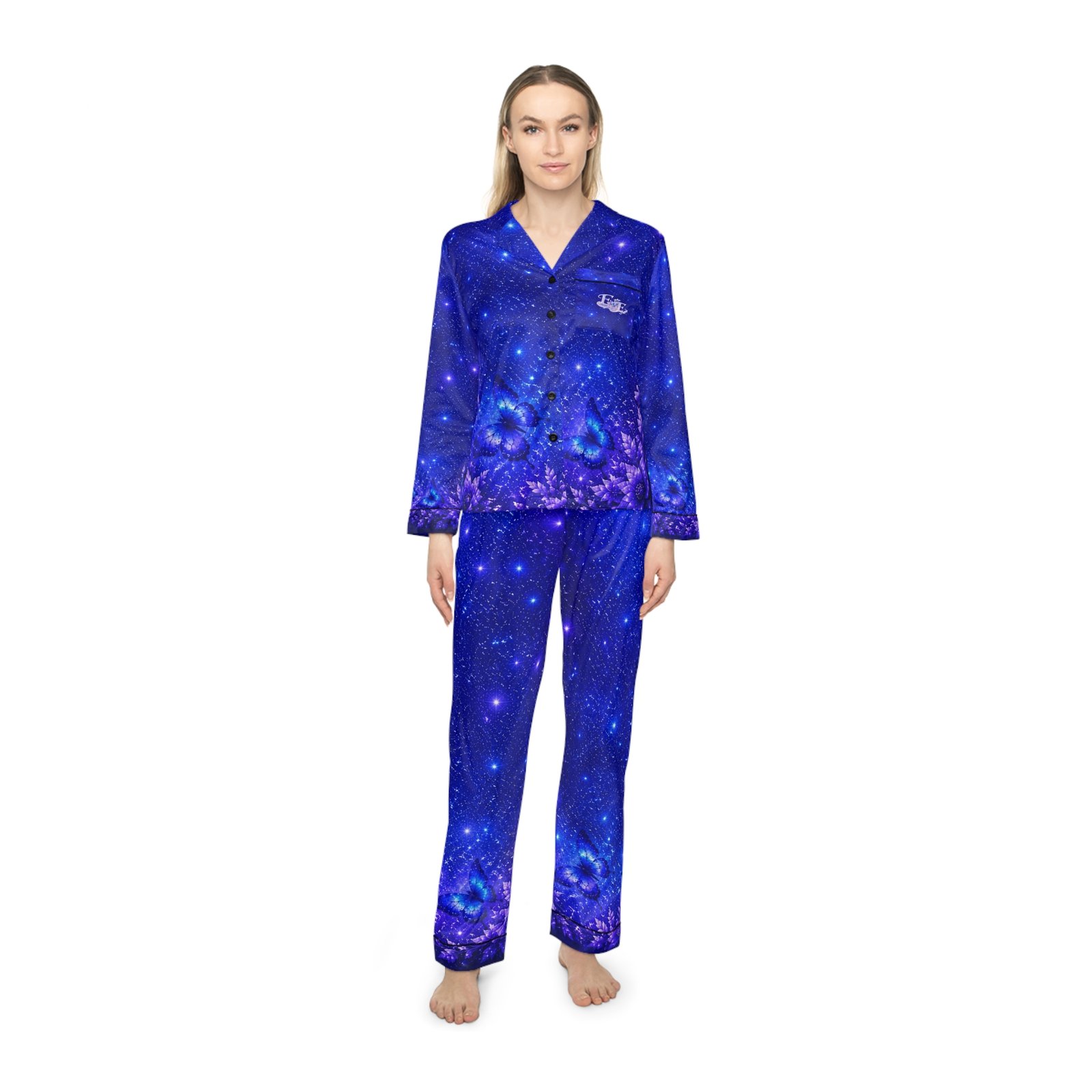 echoflame galaxy satin pajama set — women's cosmic star print sleepwear echoflame galaxy satin pajama set — women's cosmic star print sleepwear