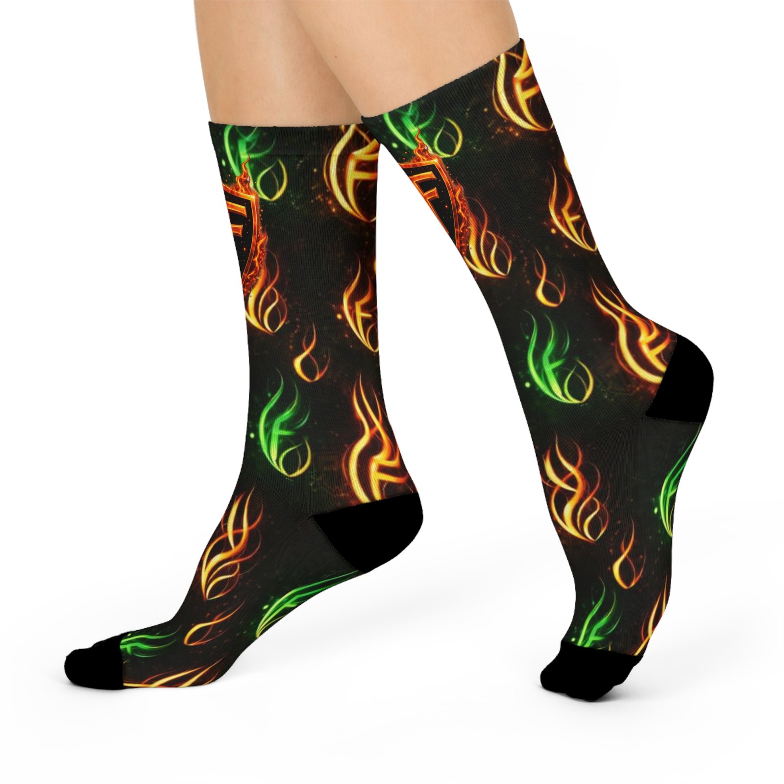 echoflame flaming shield crew socks — neon green & orange fire pattern echoflame flaming shield crew socks — neon green & orange fire pattern