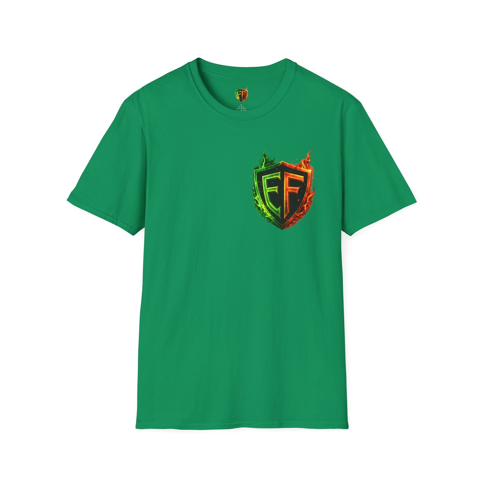 echoflame shield logo t‑shirt — flaming green & orange ef crest echoflame shield logo t‑shirt — flaming green & orange ef crest