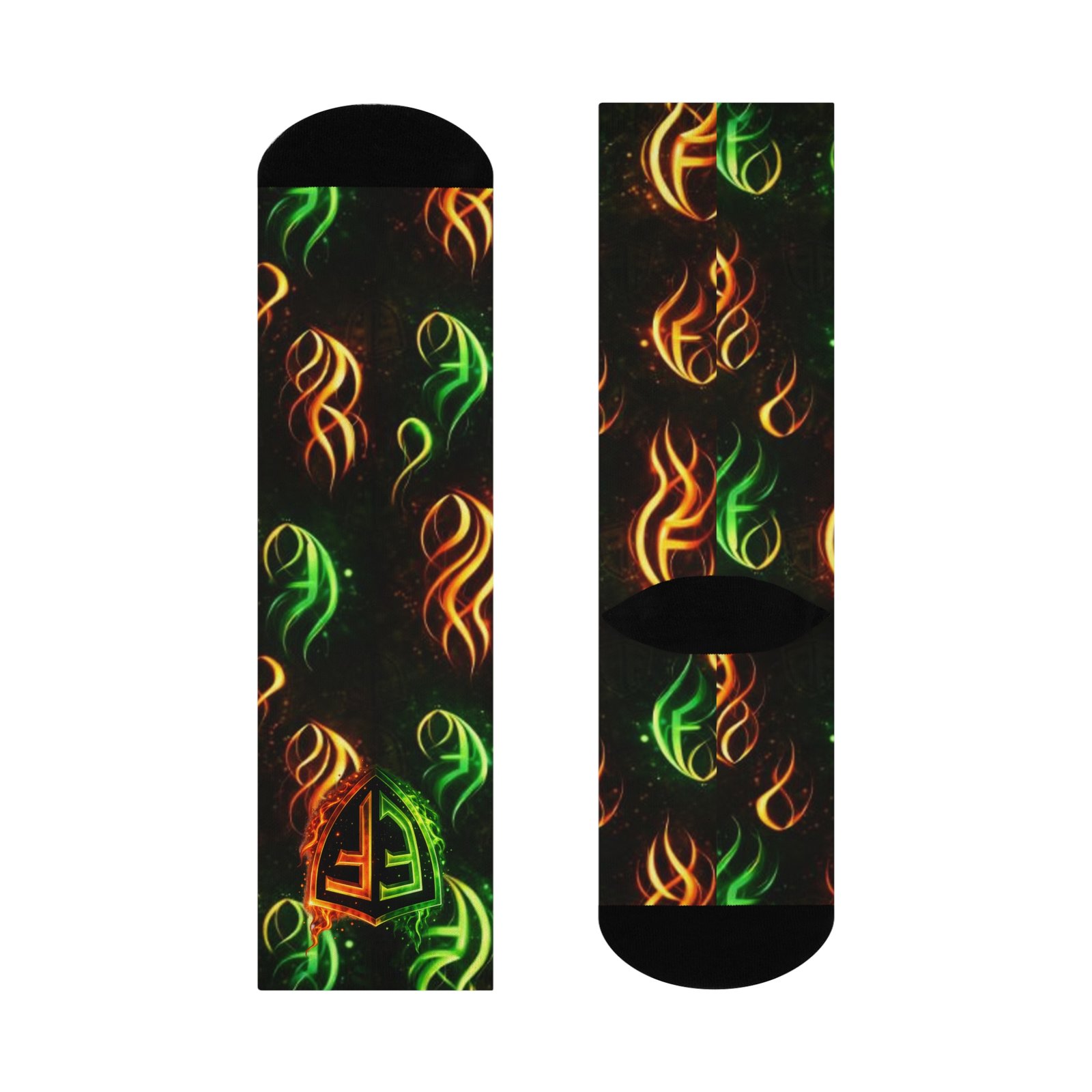 echoflame flaming shield crew socks — neon green & orange fire pattern echoflame flaming shield crew socks — neon green & orange fire pattern
