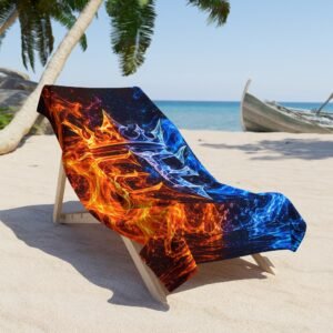 echoflame fire & ice logo beach towel — blue and orange flames graphic