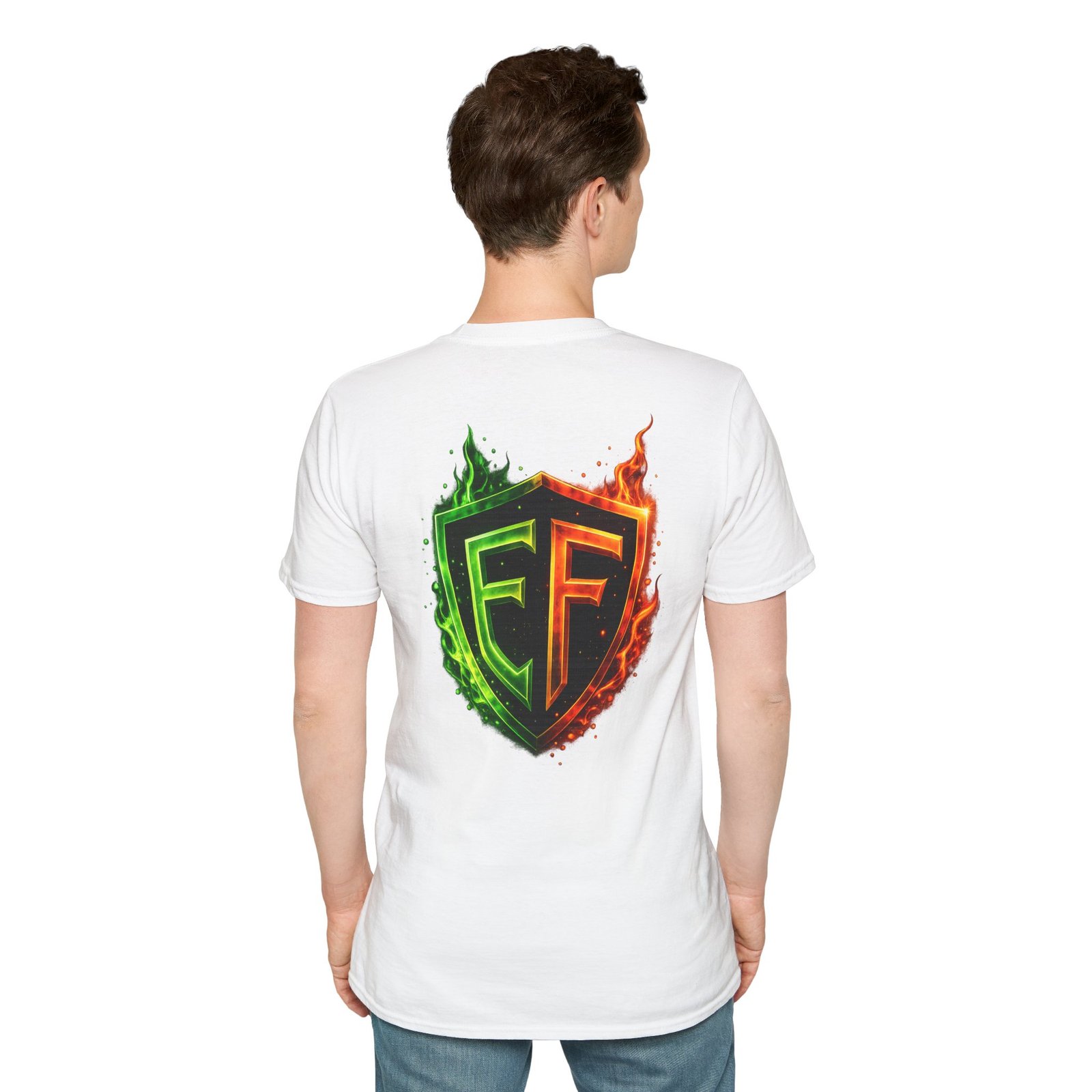 echoflame shield logo t‑shirt — flaming green & orange ef crest echoflame shield logo t‑shirt — flaming green & orange ef crest