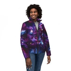 echoflame galaxy nebula women’s puffer jacket — purple space print cozy outerwear