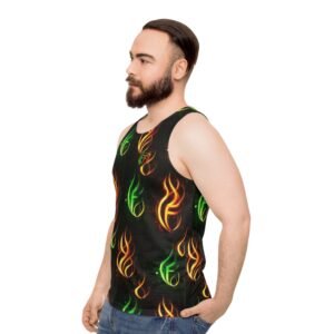 echoflame flame pattern all over print tank top — neon green & orange fire design