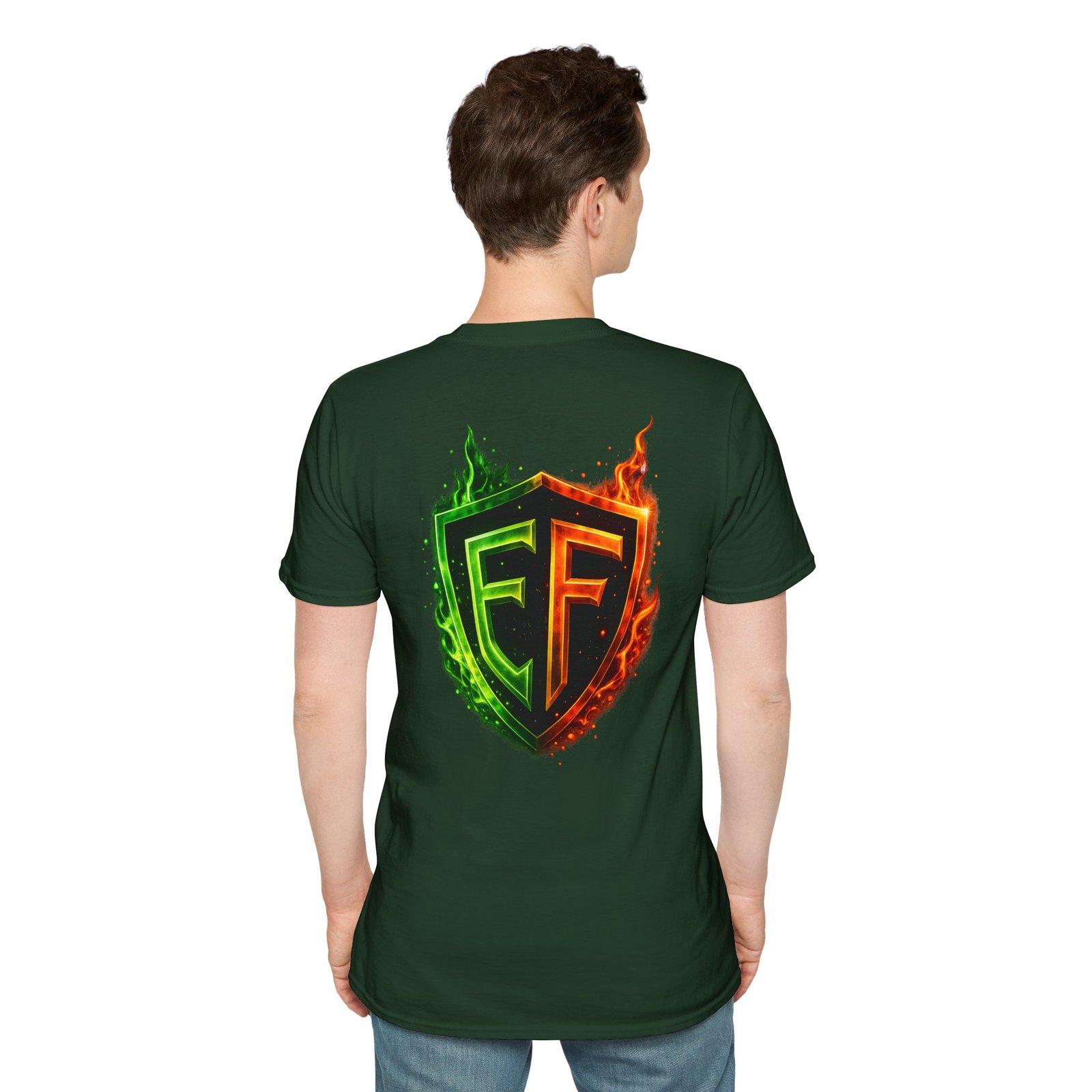 echoflame shield logo t‑shirt — flaming green & orange ef crest echoflame shield logo t‑shirt — flaming green & orange ef crest