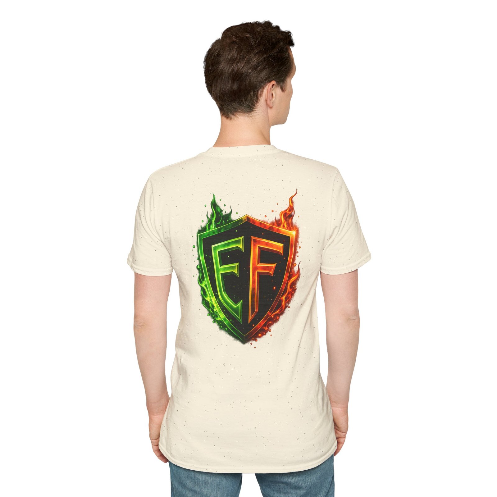 echoflame shield logo t‑shirt — flaming green & orange ef crest echoflame shield logo t‑shirt — flaming green & orange ef crest