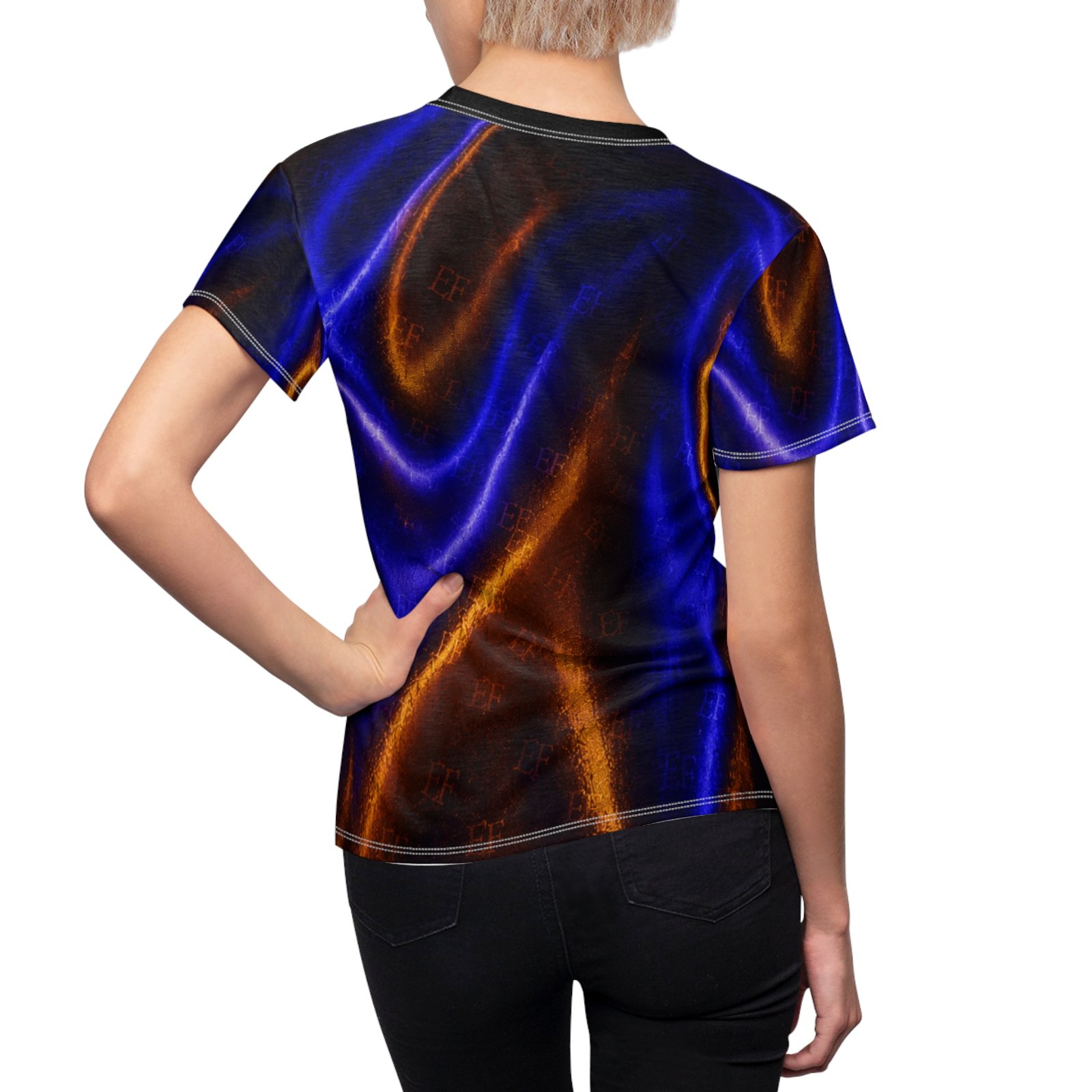 echoflame women's blue & orange liquid metallic tee — all over print cut & sew shirt echoflame women's blue & orange liquid metallic tee — all over print cut & sew shirt
