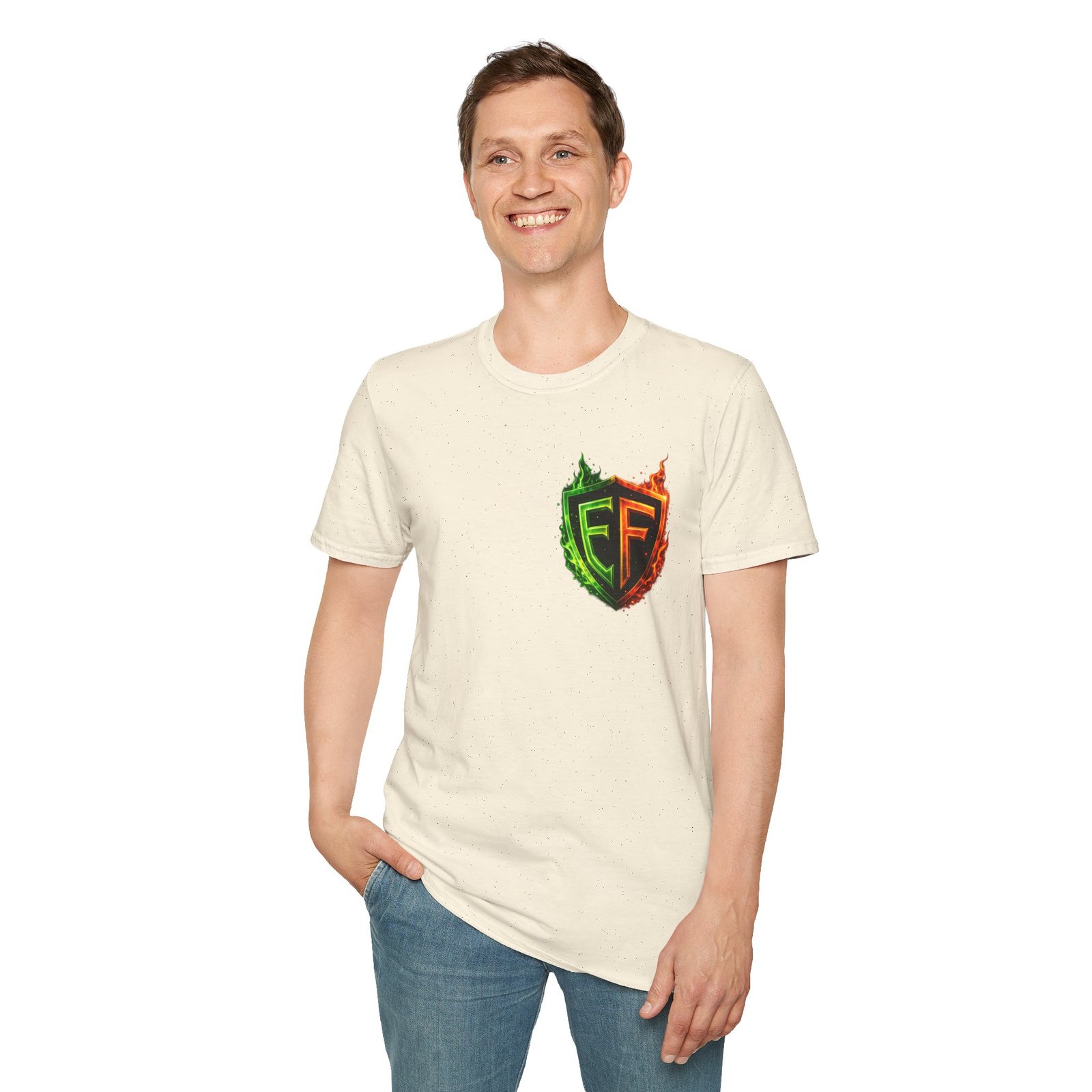 echoflame shield logo t‑shirt — flaming green & orange ef crest echoflame shield logo t‑shirt — flaming green & orange ef crest