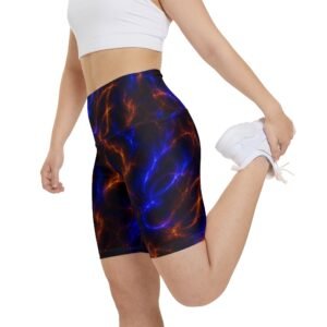echoflame galaxy flame women's workout shorts — neon blue & orange athletic biker shorts