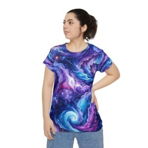 echoflame galaxy swirl women's tee — purple blue cosmic all over print shirt